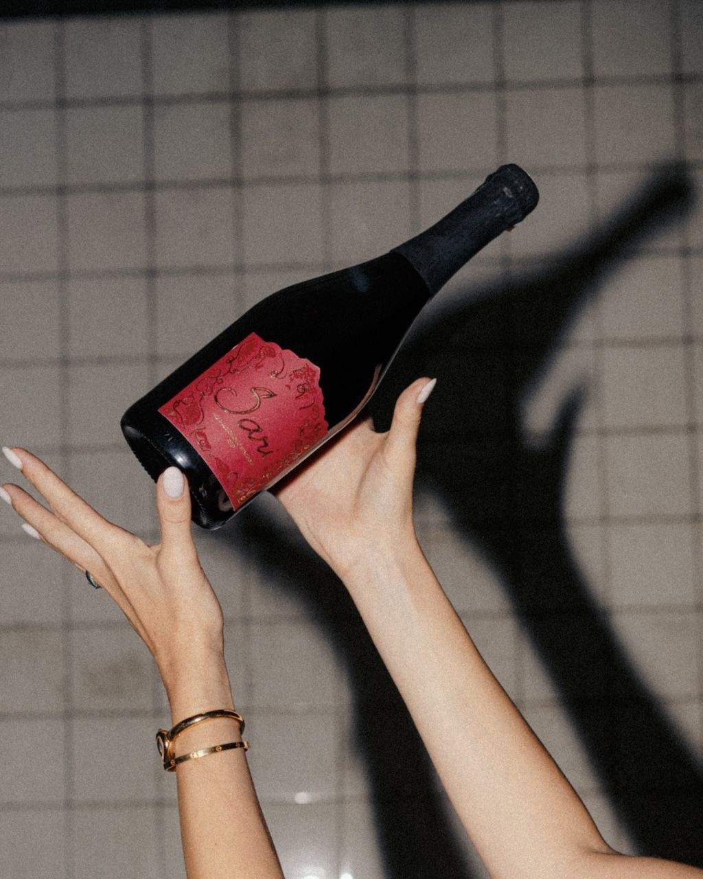 Hands holding a bottle of Sari Red against a tiled wall with a soft shadow